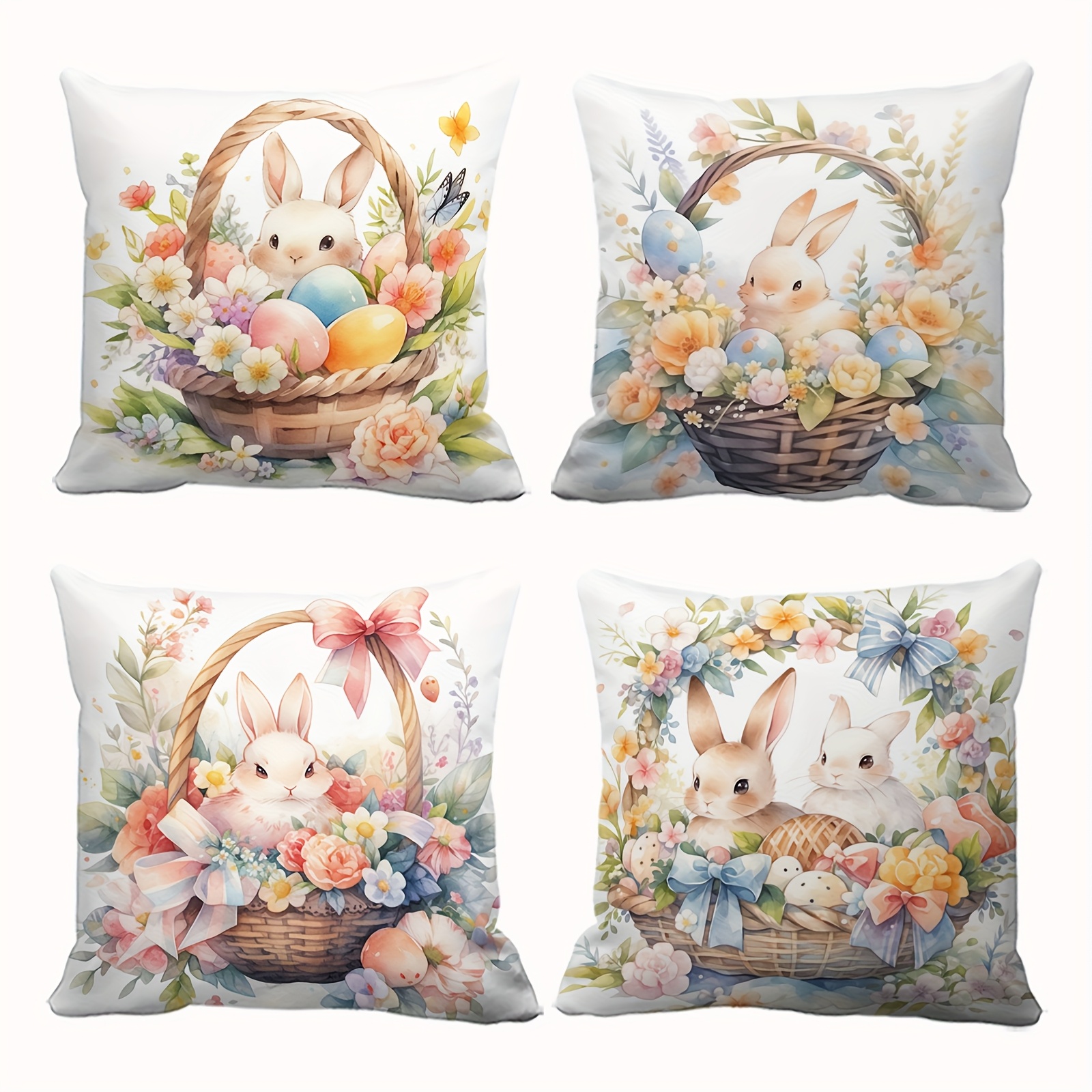 

4pcs Easter Bunny & Floral Basket Throw Pillow Covers With Bowknots - Soft Polyester, Zip Closure For Sofa, Bedroom, Living Room Decor (inserts Not Included)