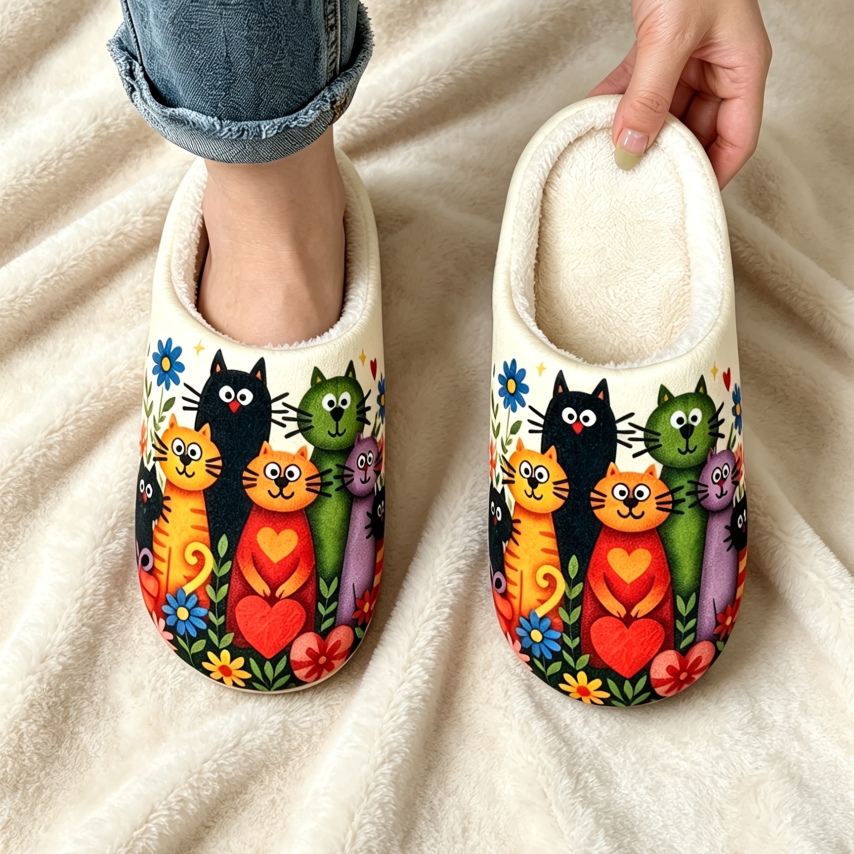 TEMU Small Floral Cat Slippers | Home Fleece Warm Fuzzy Slippers Colorful Illustration Kitten Slippers Girly Heart Indoor Warm Fuzzy Slippers, Women