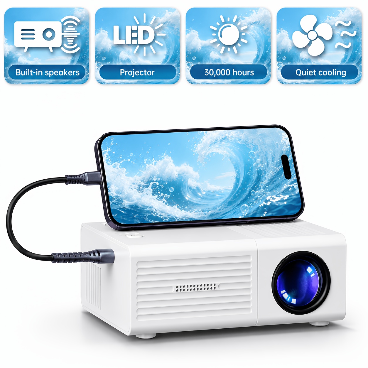 TEMU Portable Mini Projector For Multiple Scenes, Home/office/school/party, Home Theater Effect, Built-in Speaker, Smart Phone, Tablet Compatible,