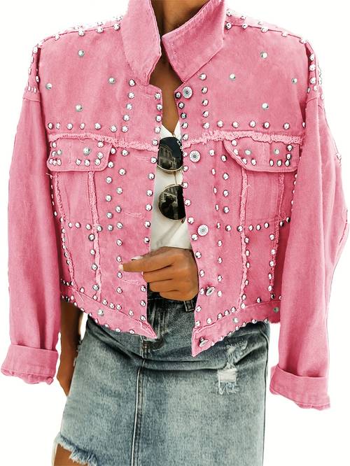 womens long sleeve rivet studded denim jacket casual washed pearl short jean coat