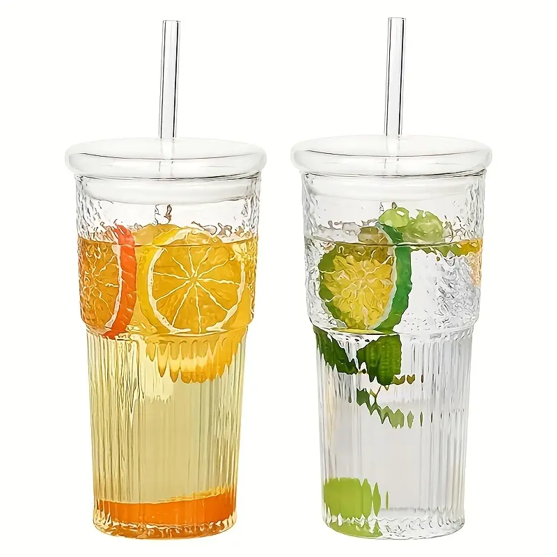 2pcs 22oz 650ml with lid straw straw brush ribbed glass cup reusable wide mouthed smoothie cup thick walled glass iced coffee cup tea cup juice cup a great holiday christmas anniversary housewarming gift for Product details 4