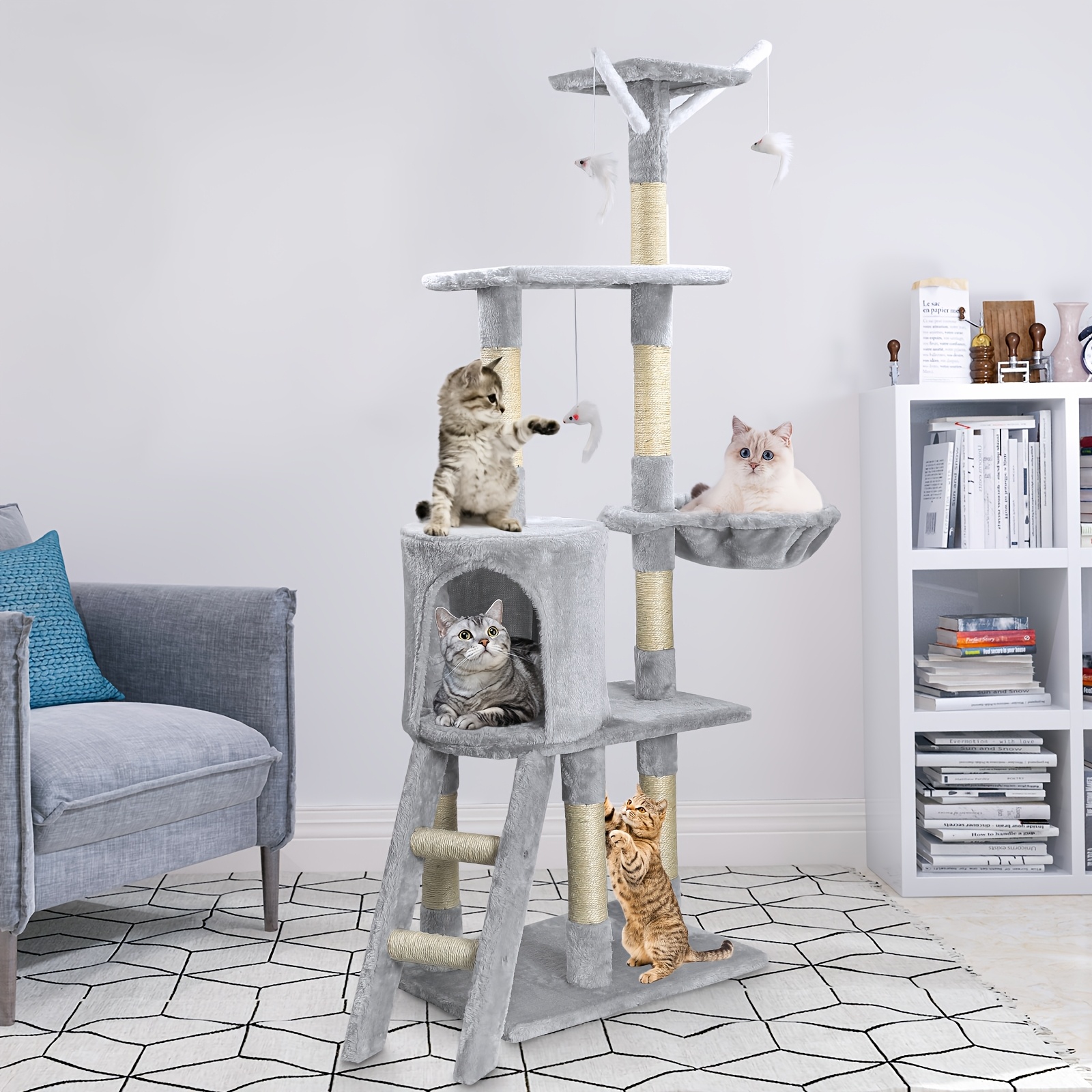 TEMU Cat Tree 143cm Height, For Cats With Top Perches, Large Cat Nest, Comfy Condo, 1 Scratching Ladder, 7 Scratching Posts, Large Base, Stable