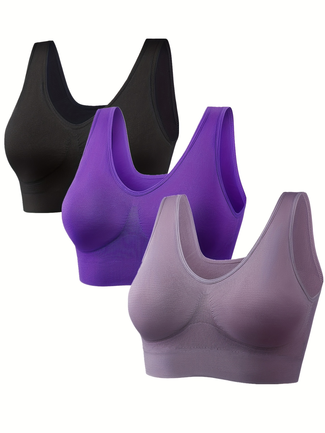 3pcs Women's Plus Size Black Sports Bras - Wireless, Padded, Full Coverage, Nylon Blend, Medium Support for Running, Yoga & Workouts, Yoga Apparel | Sleek Design | Comfort Fit, Workout Accessories