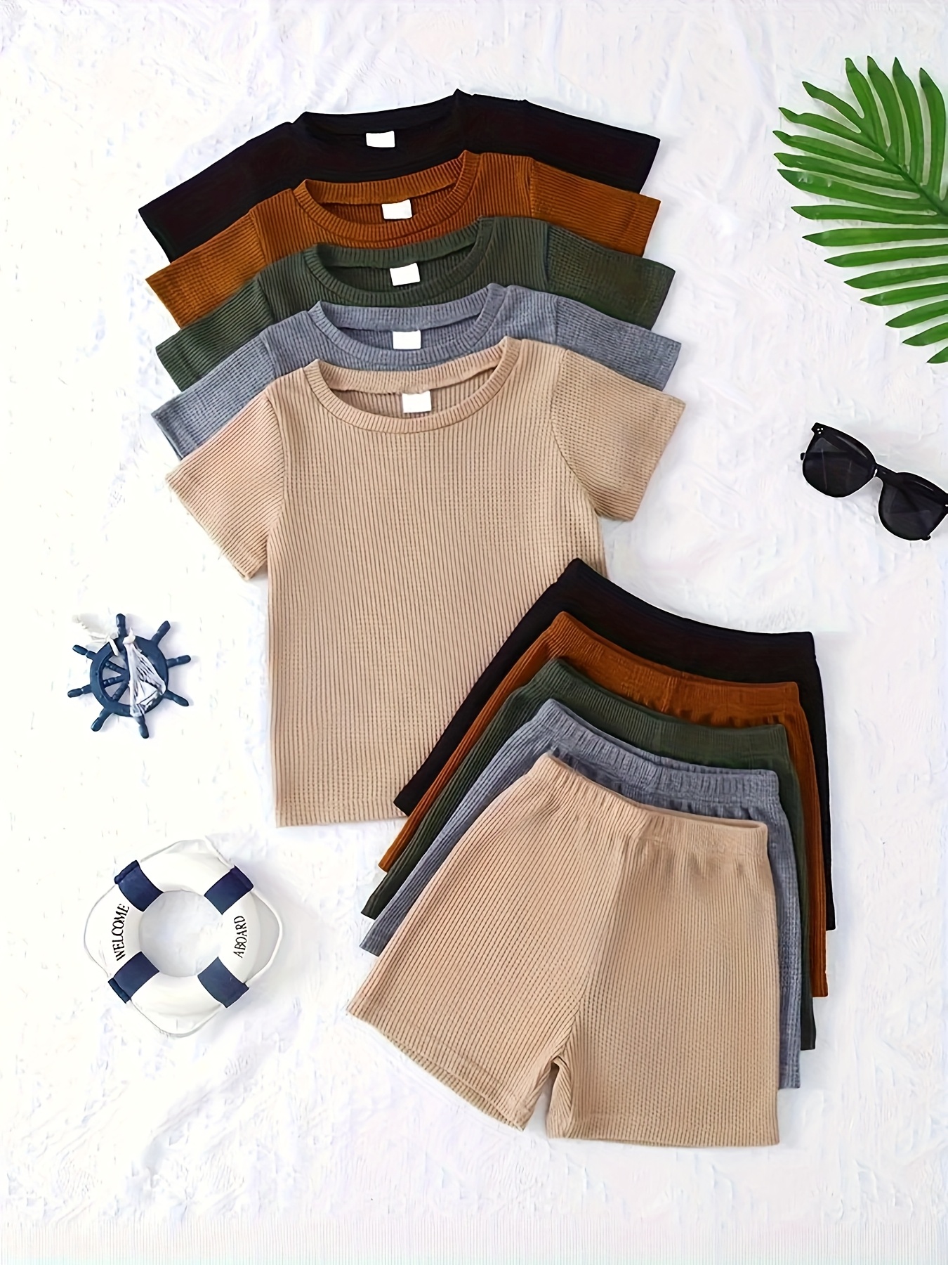 10pcs boys casual solid color knit short sleeve   and elastic waist shorts set   outdoor mixed color 0