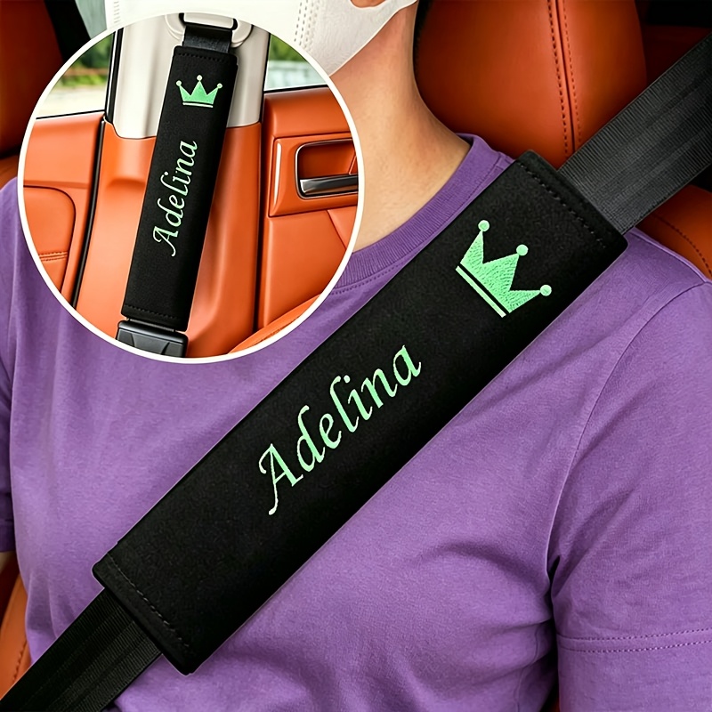 TEMU Diy Custom Embroidery Name Crown Car Seat Belt Shoulder Pad Thickened Plush Car Safety Belt Protector Pad Universal Car Interior Modification