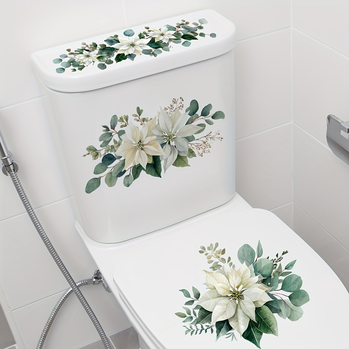 Image of Watercolor Flower Eucalyptus Toilet Sticker Set, Removable Bathroom Decals, Natural Floral Style Home Decor