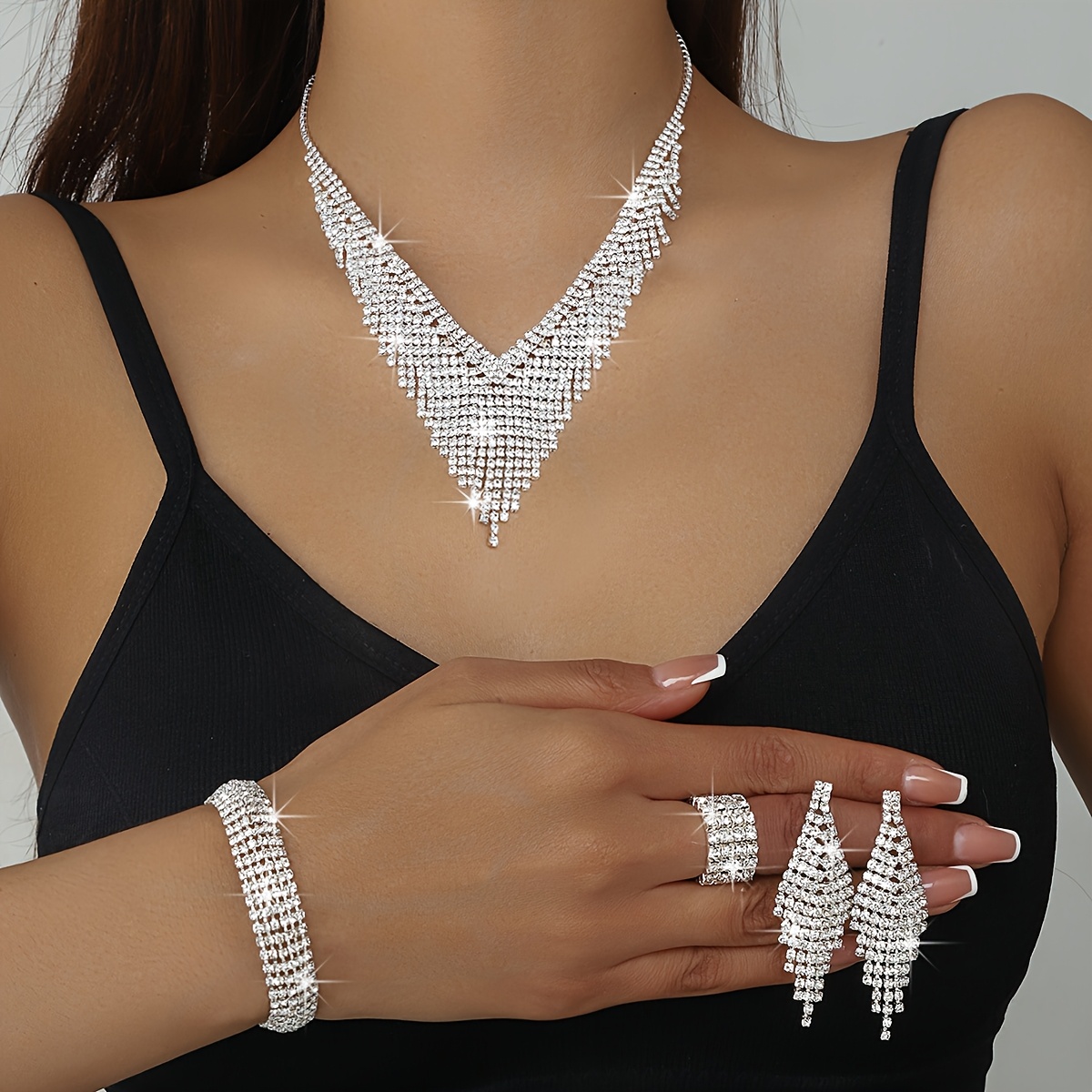 Luxury And Elegant Glittering Rhinestone Tassel Necklace, Bracelet, Earrings And Ring Set For Bride