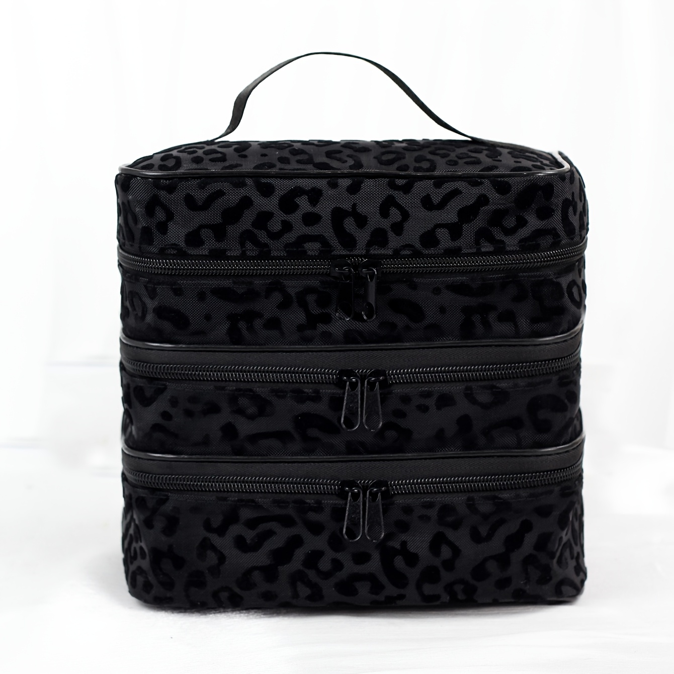 TEMU Trousse de maquillage simple et , organisateur de rangement à double couche avec noire et motif léopard en fausse fourrure. Convient pour un et