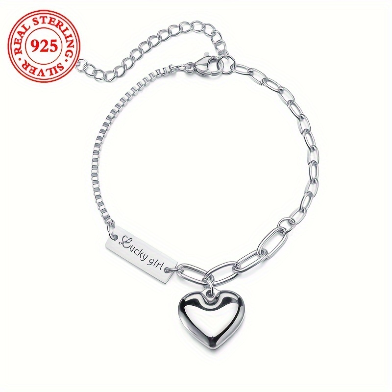 

Sterling 925 Silver Ankle Bracelet, Sexy & Cute Heart Charm, Lucky Tag, Women's Elegant Gift, Delicate Female Gift