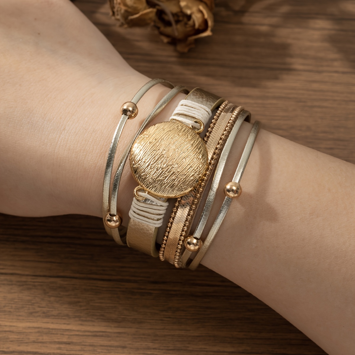 TEMU 1pc Bracelet Bohème Multi-Fil Multicolore Style Africain Imprimé Léopard Métal Doré 18K, Magnétique, Couvercle à Fermeture Sécurisée, Cadeau