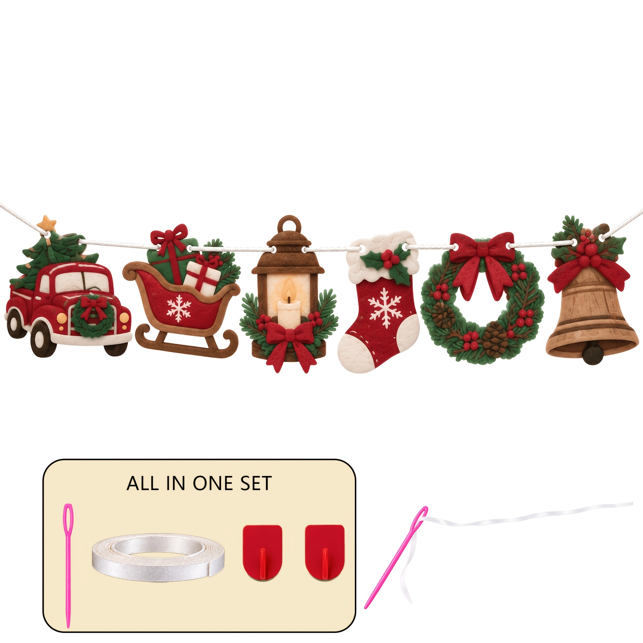 TEMU 6pcs Of Christmas Felt Banner Decoration With Christmas Wreaths, Socks, And Car Patterns, Suitable For Fireplaces, Walls, Windows, Doors,