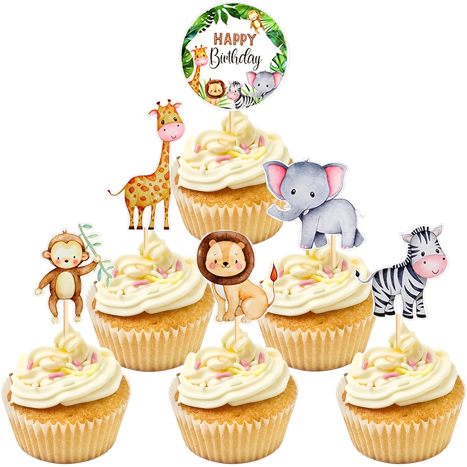 Image of Set Of 48 Animal Cupcake Toppers Featuring Wild Animal Designs, Perfect For Birthday Celebrations, Baby Showers, And Themed Parties