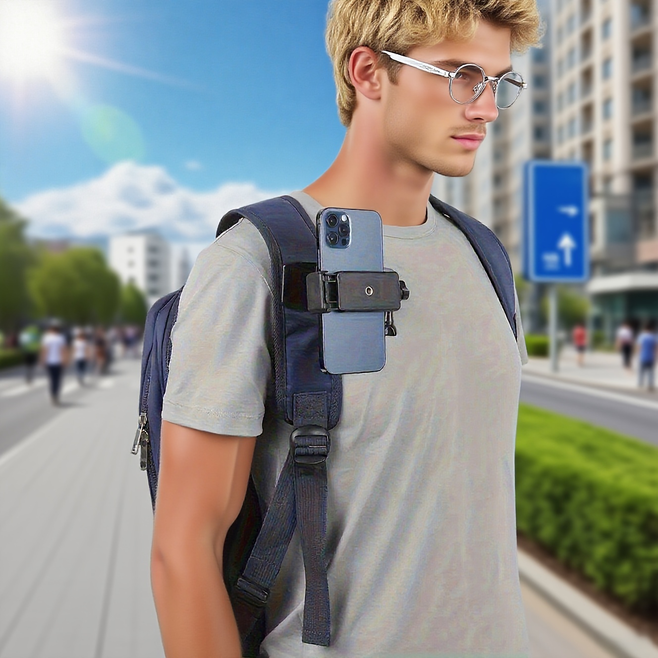 Clip de hombro ajustable para smartphones, ideal para grabar vlogs al aire libre y transmisiones en vivo desde una perspectiva en primera persona