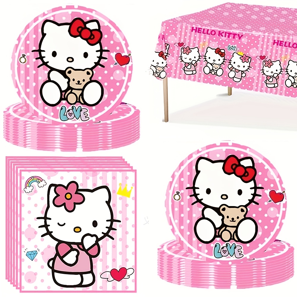 TEMU 41pcs/set Pink Hello Kitty Themed Gift Set, Disposable Gift Decoration Includes 20 Plates, 20 Napkins, And 1 Tablecloth For School Halloween