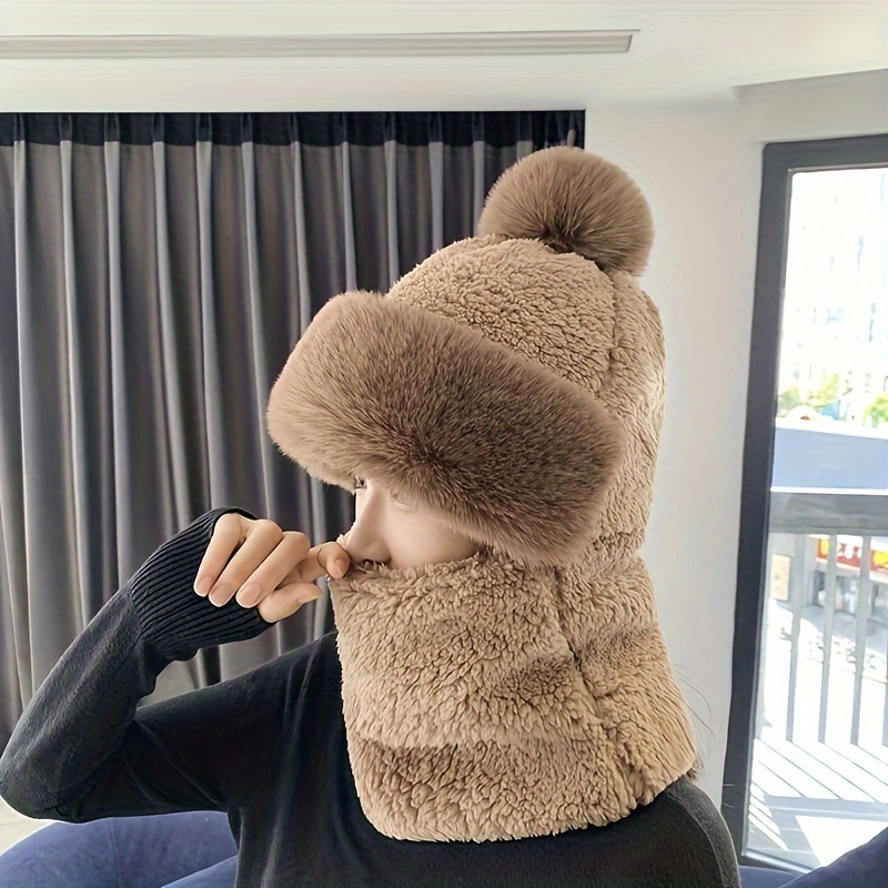 

1pc Winter Warm Fleece Cap Solid Color Thickened Plush Neck Mask Windproof Hooded Ear Protection Windproof Ski Cap Winter Riding Ladies Outdoor Hood