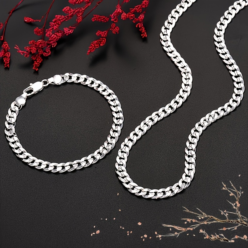 TEMU 2pcs Men's Jewelry Set, Cuban Chain Bracelet And Necklace Set - Fashion Men's Necklace, 925 Silver Plated, Men's Fashion, Women's Necklace,