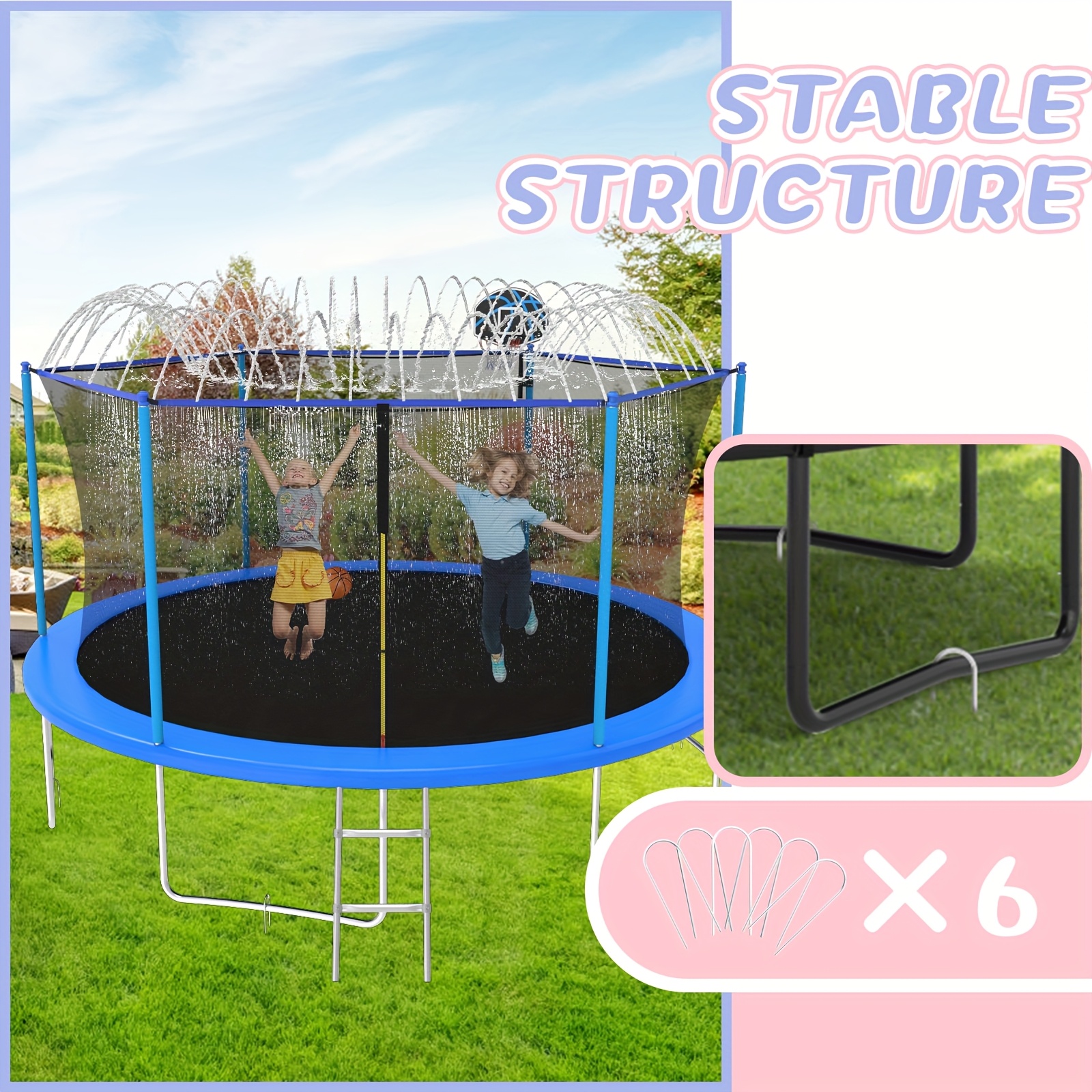 14ft/12ft/10ft Outdoor Kids Trampoline with Water Spray Device, Equipped with Safety Net and Heavy-Duty Rust-Resistant Frame, Suitable for Children and Adults, Includes Basketball Stand and Ladder Blue