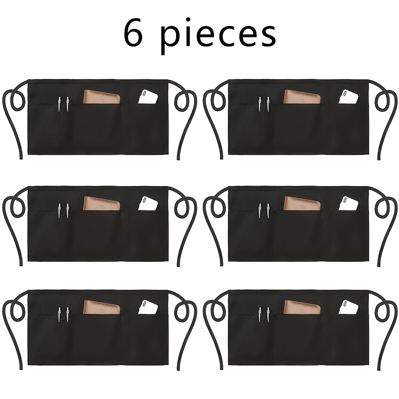 6pcs - Waiter Polyester Apron with 3 Pockets, Waist Apron, Men'S And Women'S Waiter Apron, Long Waistband with Reinforced Seams, Half Apron (6 Pack - Black)