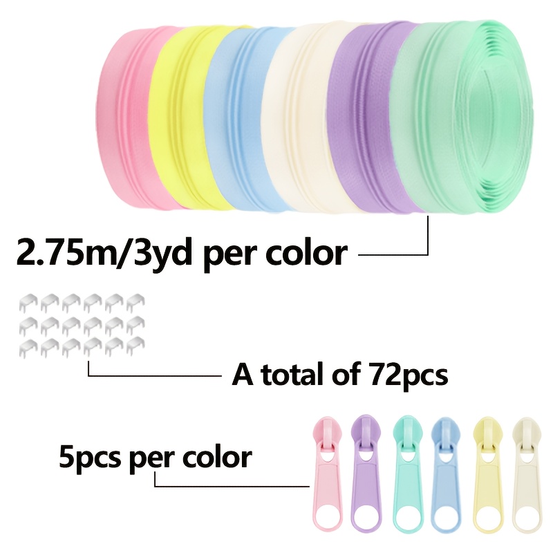 TEMU Fermeture éclair spirale en nylon #3 de taille 18 et 6 couleurs avec 30 curseurs et 72 butées inférieures, lot de bandes de fermeture éclair