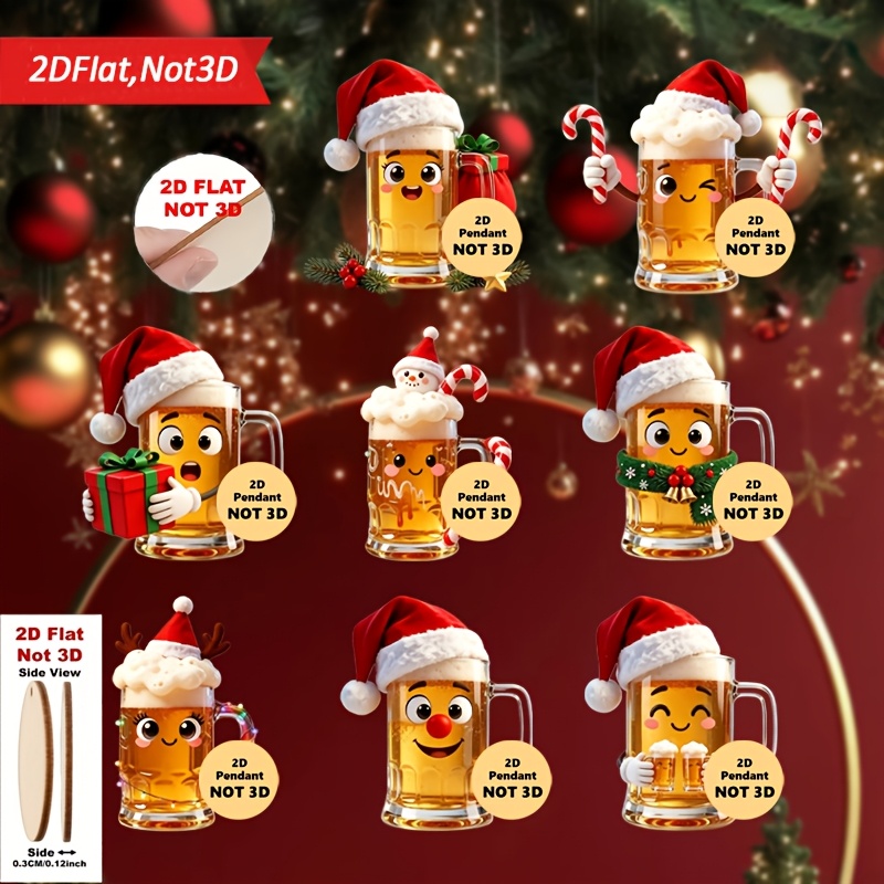 TEMU 2d Flat 8pcs Set Of Cute Wearable Christmas Decorations Beer Mug Series Wooden Holiday Ornaments - Featuring 2d Flat Design, Multi-colored.