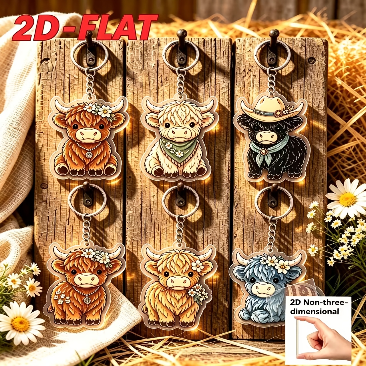 TEMU 2D Plat - Ensemble de 6 porte-clés en acrylique de vache Highland de style occidental 2D PLAT, style champêtre plat 2D, porte-clés en peluche