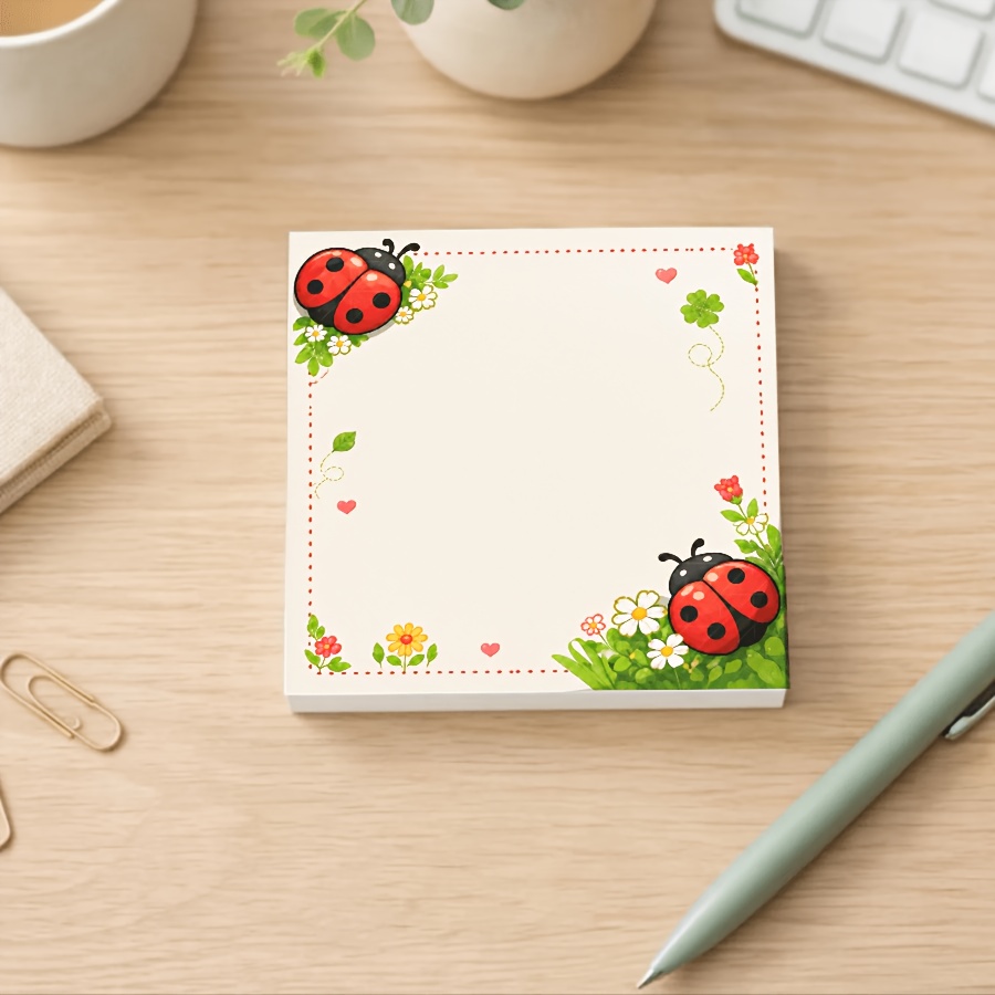 TEMU Bloc-notes esthétique à motif floral de coccinelle, joli bloc-notes carré vierge avec bordure de coccinelle de dessin animé, marguerite, , cœur