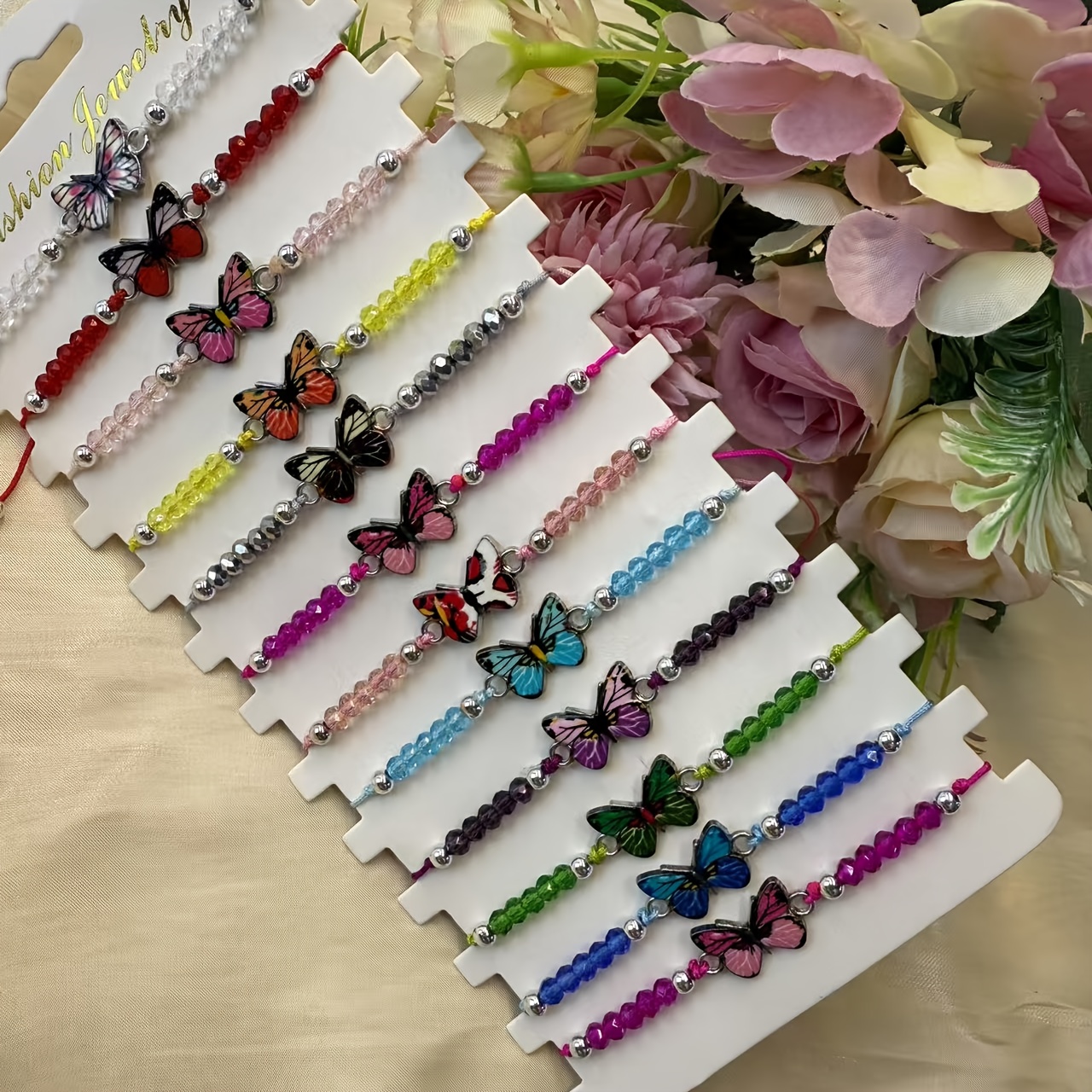 TEMU Un ensemble de bracelets ajustables et tendance avec 12 pièces de papillons tissés colorés pour l'ornementation des mains