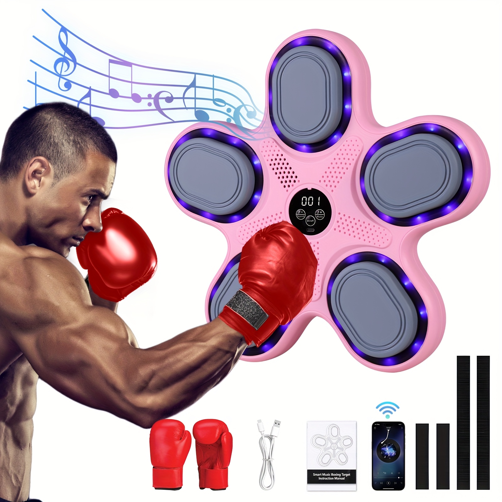 TEMU Máquina de Boxeo Musical con Guantes, Carga USB, de Material PE - Equipo de Ejercicio en Casa y Entrenamiento de Reflexión para Adultos, Montaje