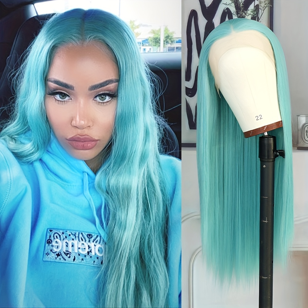 13x4 teal blue lace front wigs long straight blue hair ice  display picture 1