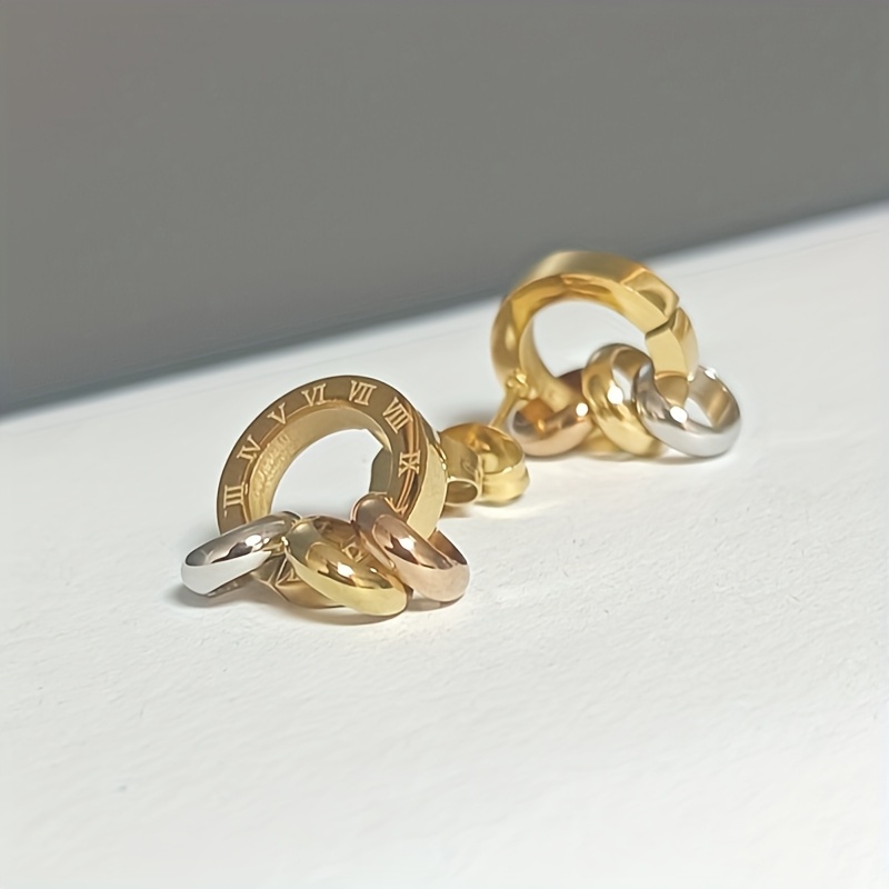 Stylish Roman Numeral Stainless Steel Stud Earrings, Bohemian Design