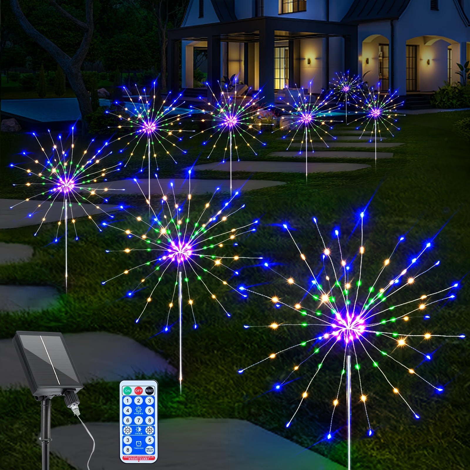 

6 Pack Solar Firework Lights, 720 Led Lights Usb Charging, 8 Lighting Modes With Remote Control Waterproof, 4 Brightness Diy Firefly Lamp For Path Christmas Party