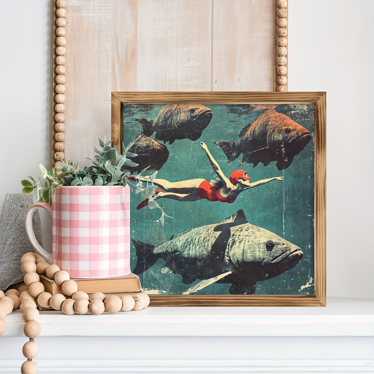 TEMU 1pc Vintage Underwater Swimmer With Fish Frame Wooden Sign Wall Decoration Vintage Style Wall Decor For Bedroom, Living Room, Bathroom, Office,