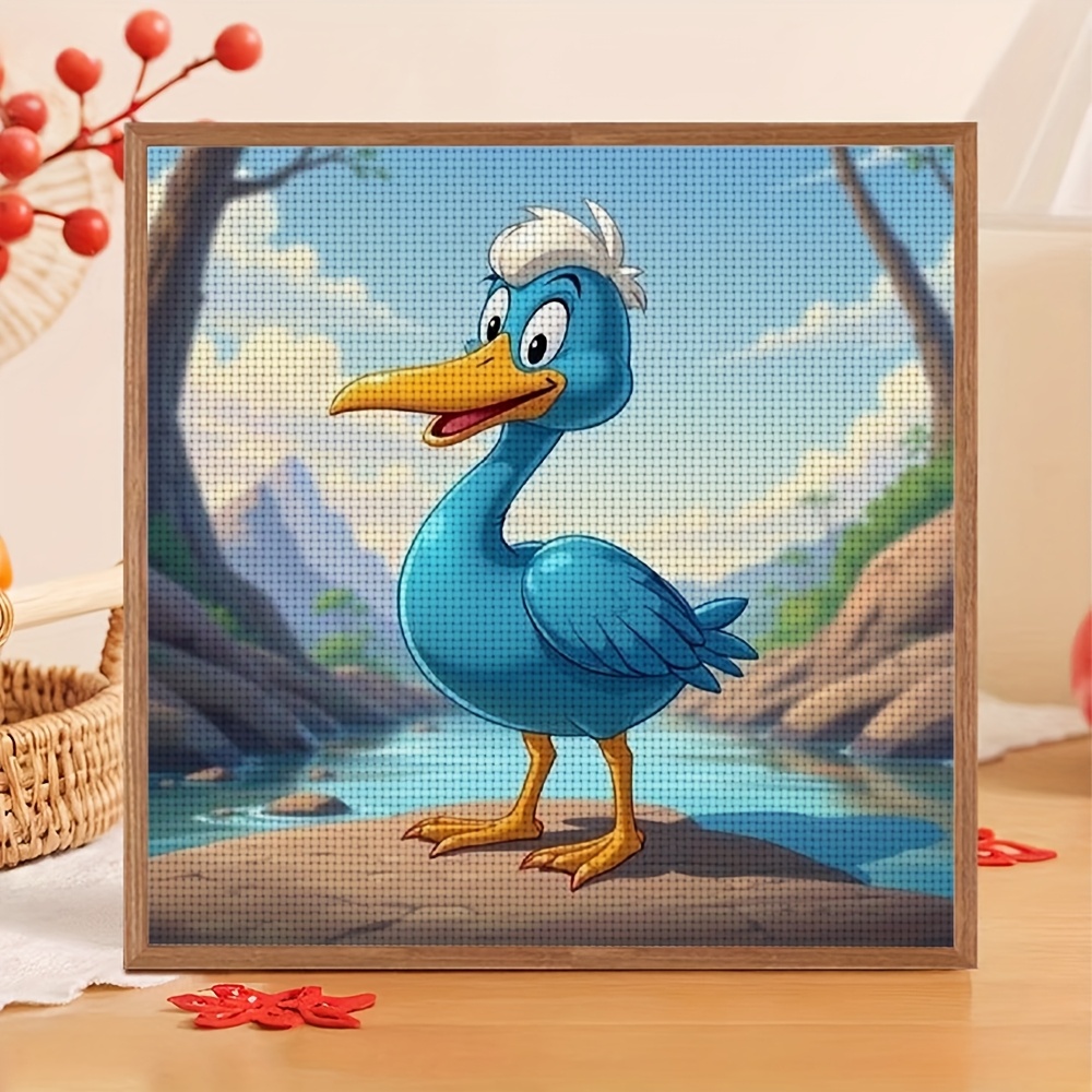 Cross Stitch Kit Featuring Cheerful Blue Cartoon Bird by the River