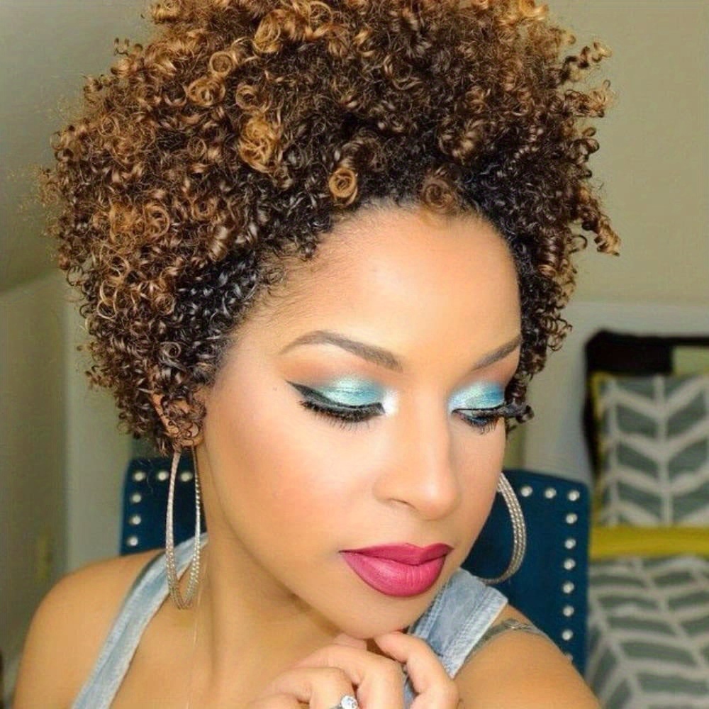 TEMU Synthetic Curly Wig For Women Featuring An Ombre Brown Color With Dark , Designed For African Women. This Short Afro Wig Is Perfect For A Stylish Short Haircut