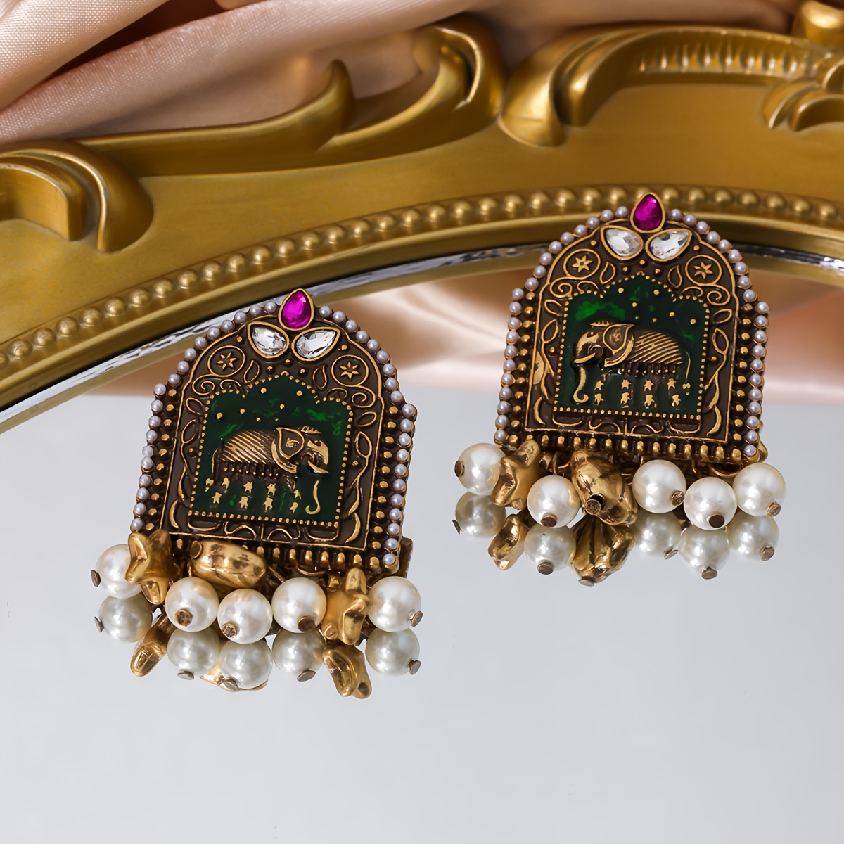 

Vintage Tribal Style Luxury Elephant Earrings, 18k Golden Plated Zinc Alloy With Pearls, Animal Theme, December Birthstone, 925 Sterling Silver Ear Needle, With For , Party, And Christmas Gift