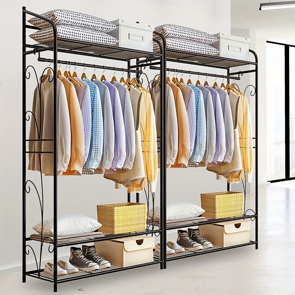 heavy duty freestanding black metal wardrobe shoe rack with hanging rail clothing storage shelf suitable for apartment entryway bedroom tall garment with shoe shelves space saving furniture for small spaces