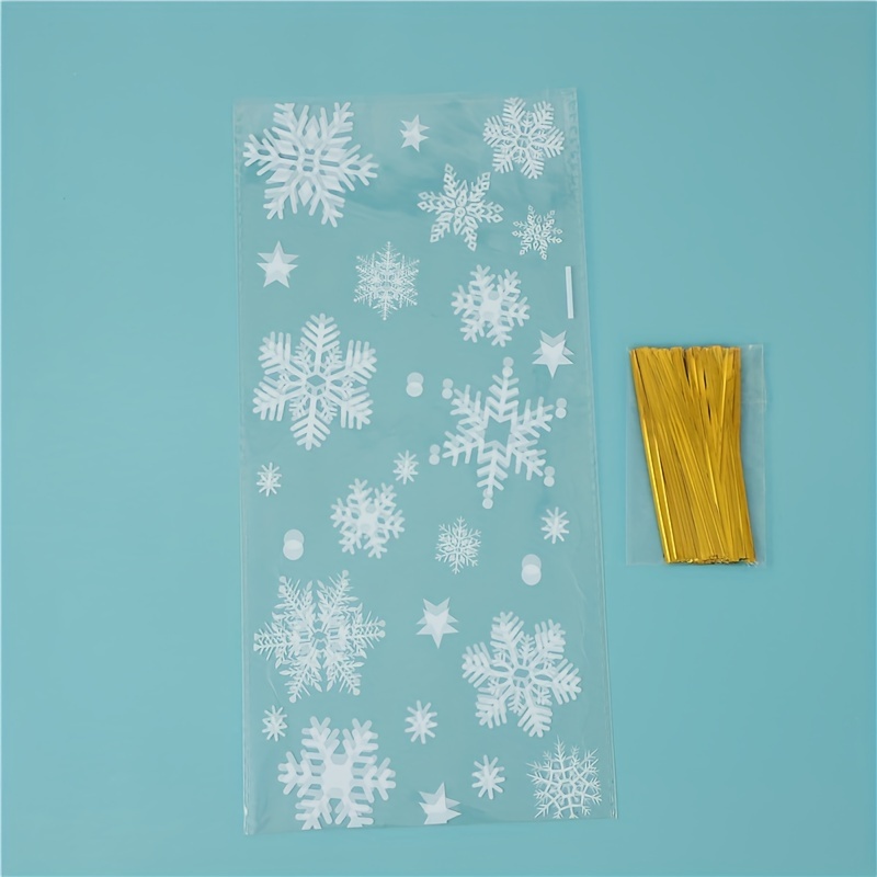 Image of 50pcs Christmas Snowflake Cellophane Treat Bags With Golden Twist Ties - Perfect For & , Ideal For Winter Parties, Candy Christmas Decorations