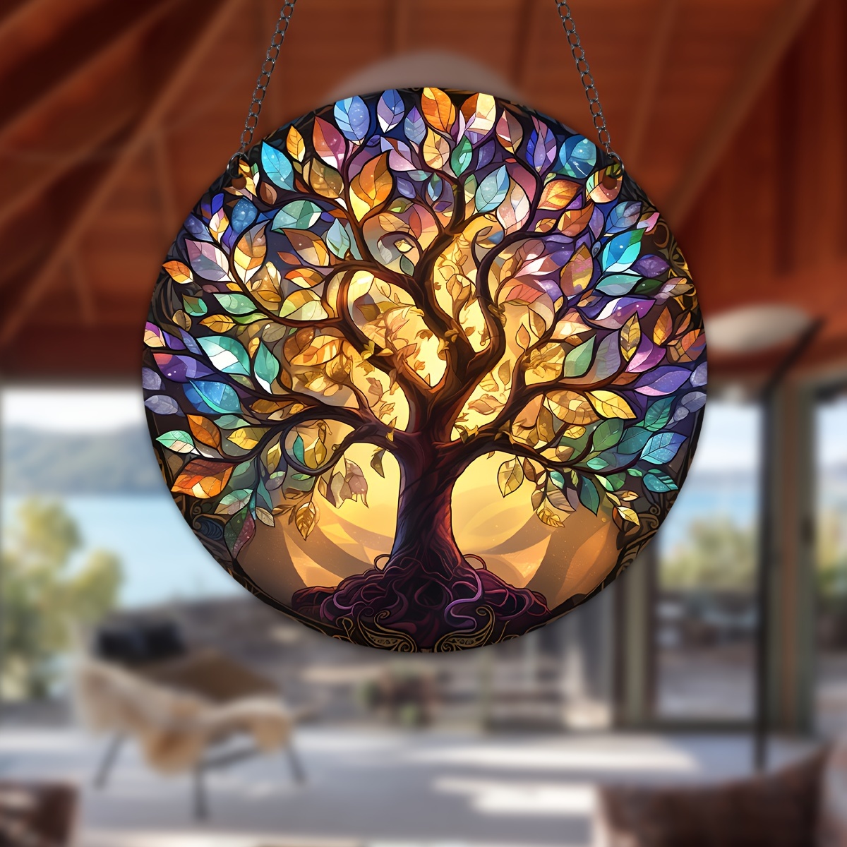 

1pc, Tree Of Life Acrylic Hanging Sign, Suncatcher, Stained Window Hanging, Acrylic Holiday Decor, Round Sign, Wreath Sign, Hanging Decor, Window Decor Porch Decor Wall Decor, 5.9in/15cm