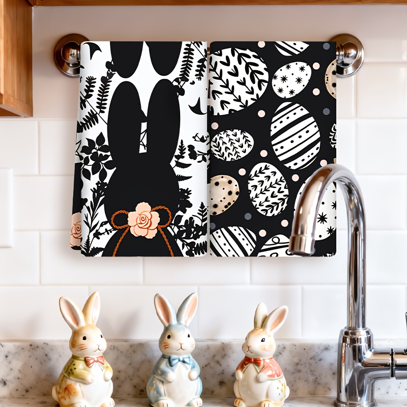 TEMU 2pcs Black-white Retro Style Egg+silhouette Lightweight Towels (24.01x14.17inch)-for Kitchen Dish Wiping, Bathroom Hand Drying, Easter Decor,