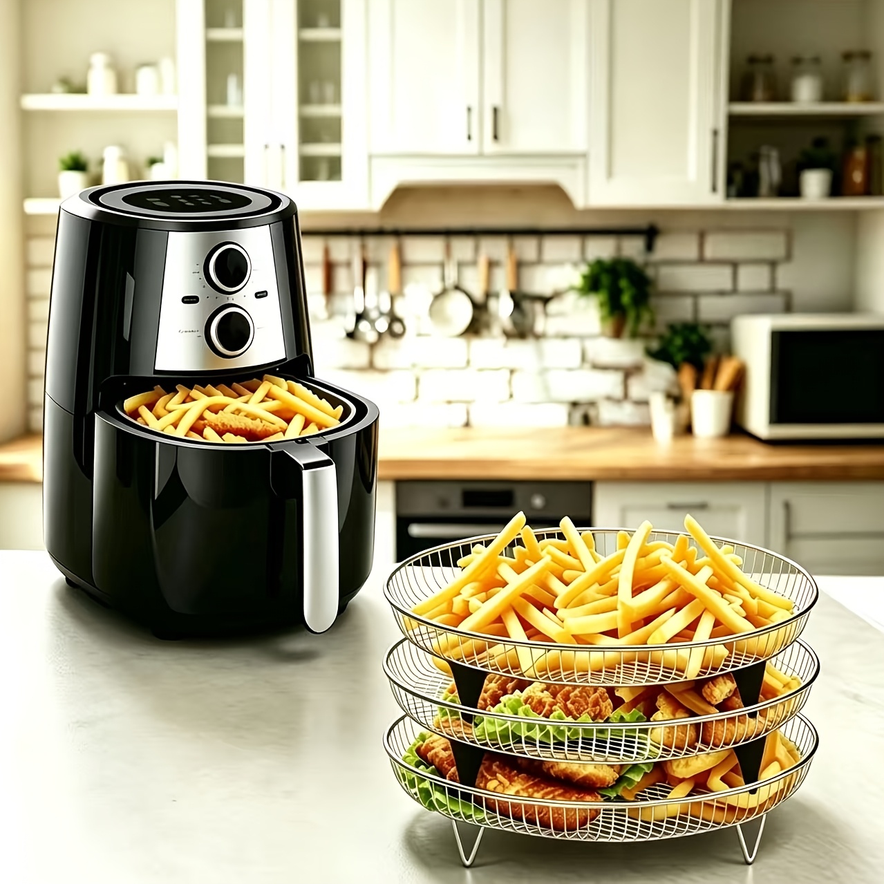 A Set of 8 Stainless Steel Air Fryer Dehydration Racks with Clips, Reusable Stacking Racks for Round Air Fryers, Suitable for 4.2QT-5.8QT Air Fryers, Washable Baking Additions for Air Fryers
