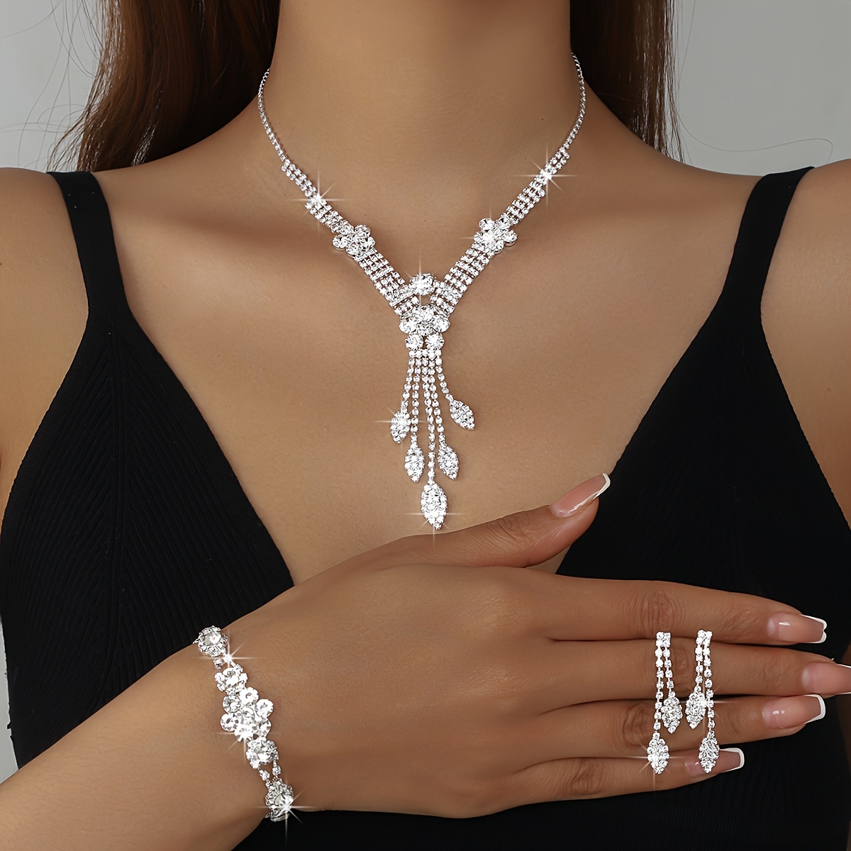 Image of Ajfkkfj Luxury -plated Fringe Leaf Jewelry Necklace, Bracelet & Earrings 3pcs Matching Set For Wedding, Mardi Gras Party, Elegant Necklace Suitable For Daily Wear &