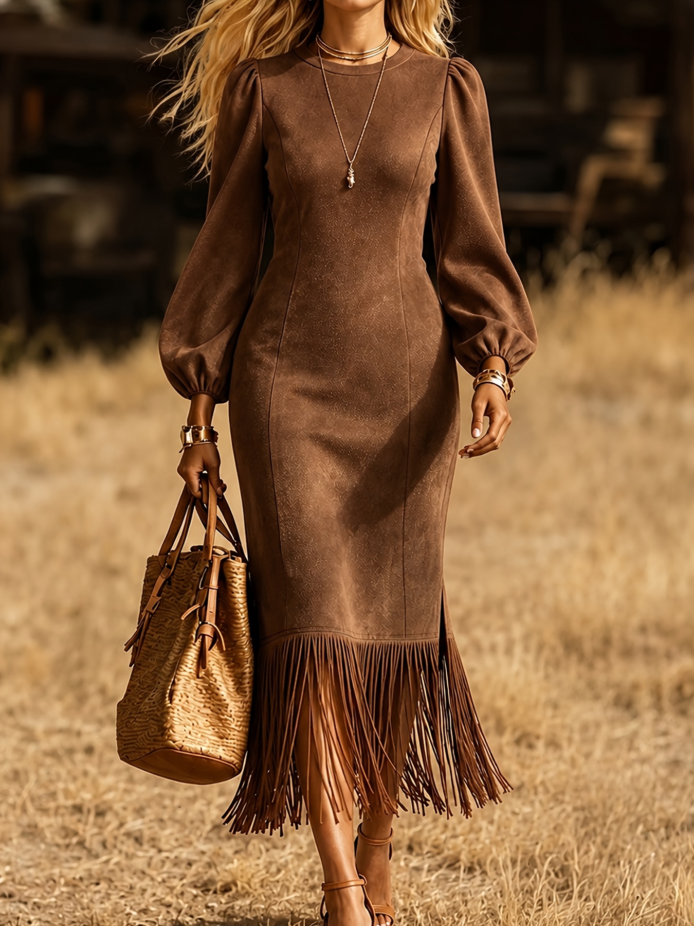 winter work dresses Women's Vintage * Fringe Midi Dress, Round Neck Bubble Lantern Long Sleeve * Fit Dress with Side Slit and Fringe Hem, Elegant Autumn/Winter Commuting and Party Dress vacation dresses for women Casino night: royal flush Size:32 X 38 winter work outfits 2024 vacation_essentials