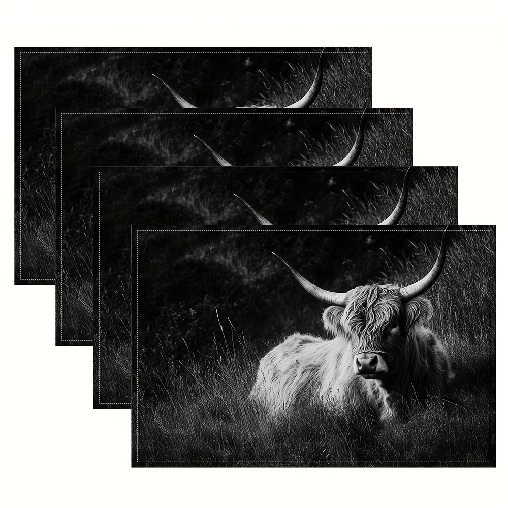 TEMU 4pcs, Highland Cow Placemats, Fashion Print Pattern Table Mat, For Dining Table, Kitchen, Party, Indoor, Holiday, Dinner Parties And Home Decor