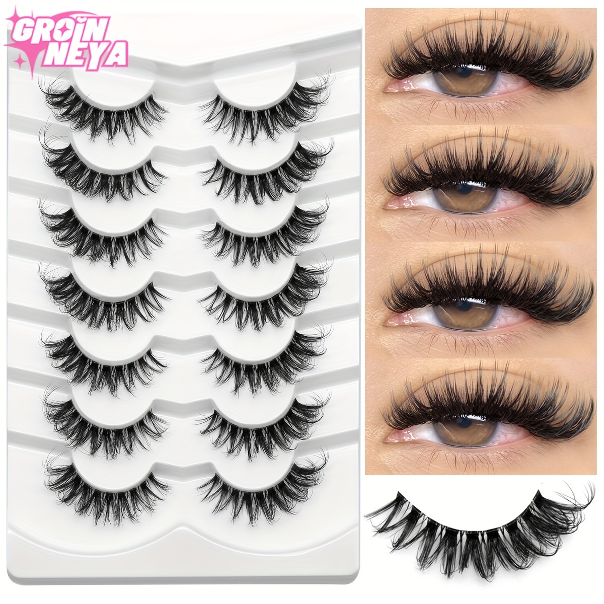 

Groinneya Luxe Wispy Mink Eyelashes - 5/7 Pairs, Invisible Band, Natural Look Extensions, Soft & Fluffy, Reusable, C-, 16-18mm