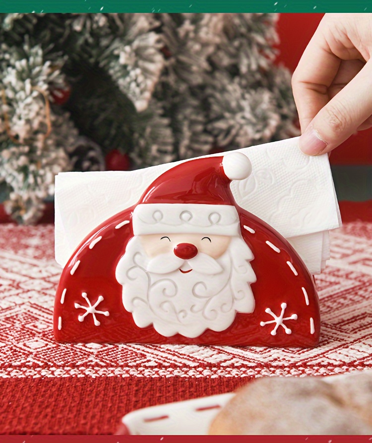 christmas santa claus ceramic napkin holder decorative tabletop paper tissue stand embossed cartoon holiday design details 9