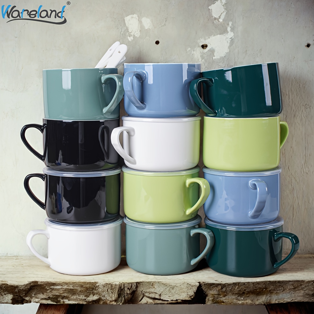 6pcs Soup Bowls with Handles Spoons, 30oz Ceramic Ramen Bowl with Lid,  Large Soup Mugs/Cups for Instant Noodle Bowls for Oatmeal, Salad