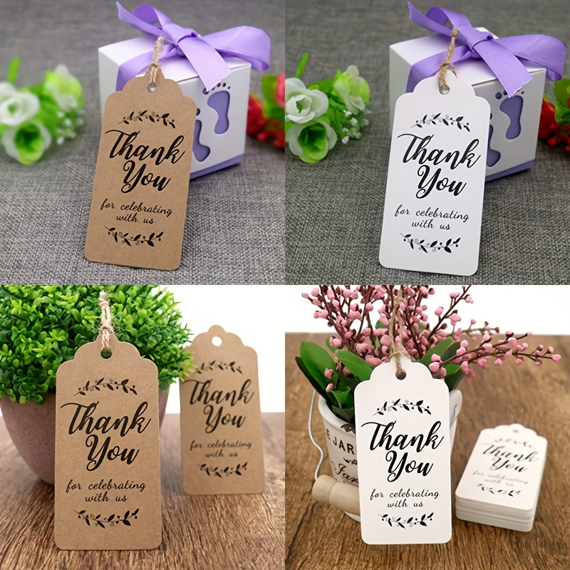 

-pack Kraft Paper Gift Tags With Thank You For Celebrating With Us Printed, Blank Hang Tags With 20m Jute , Matte , Single Use, Irregular Shape - Wedding Favors And Gifts.