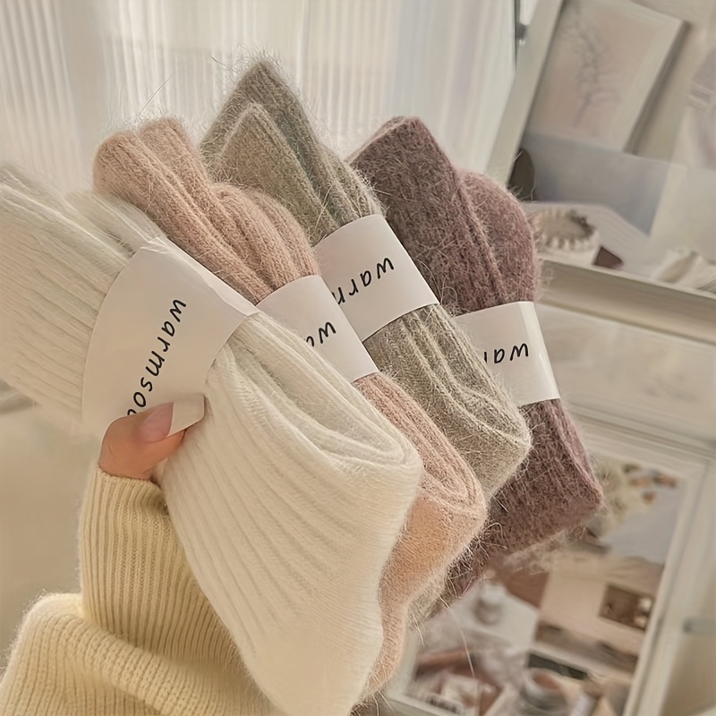 TEMU 4 Pairs Of Winter Warm Long Tube Women's Socks, Thickened Solid Color Japanese Vertical Plush Socks, Stacked Socks, Wide Elastic Mouth, Suitable