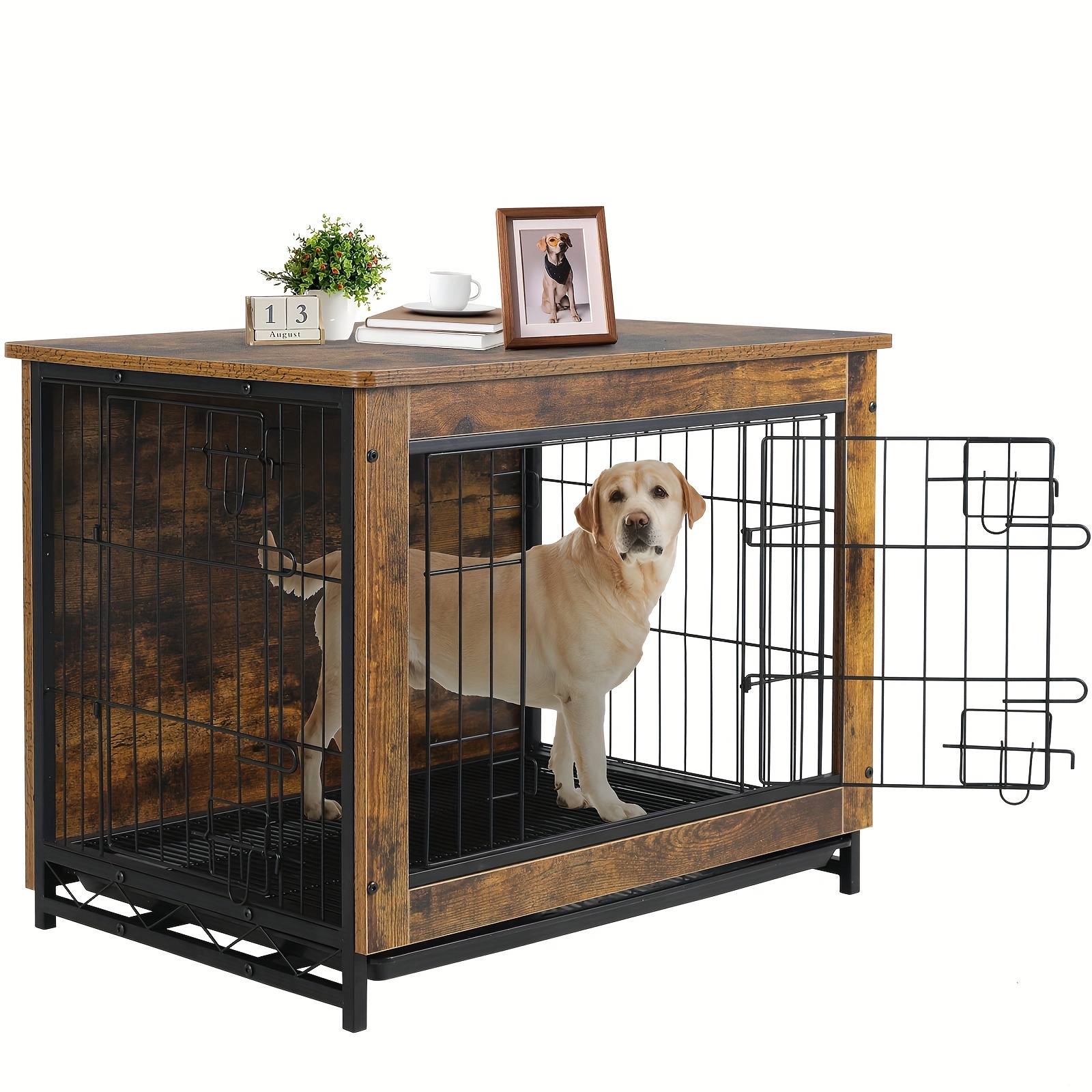 

Dog Crate Furniture, 38.6" Wooden Side End Table, Kennel With Double Doors, Heavy-duty Dog Cage With Pull-out Removable Tray, Indoor Medium/large/small Pet House Furniture