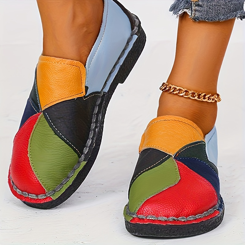 

Mocassins plats à blocs de couleurs pour femmes, chaussures à enfiler à semelle souple à bout rond à la mode, chaussures de marche décontractées antidérapantes